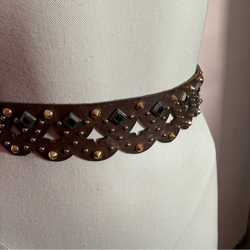 Etro Milano Brown Leather Metal Studded bikercore belt size 31 to 33 - Picture 12 of 17